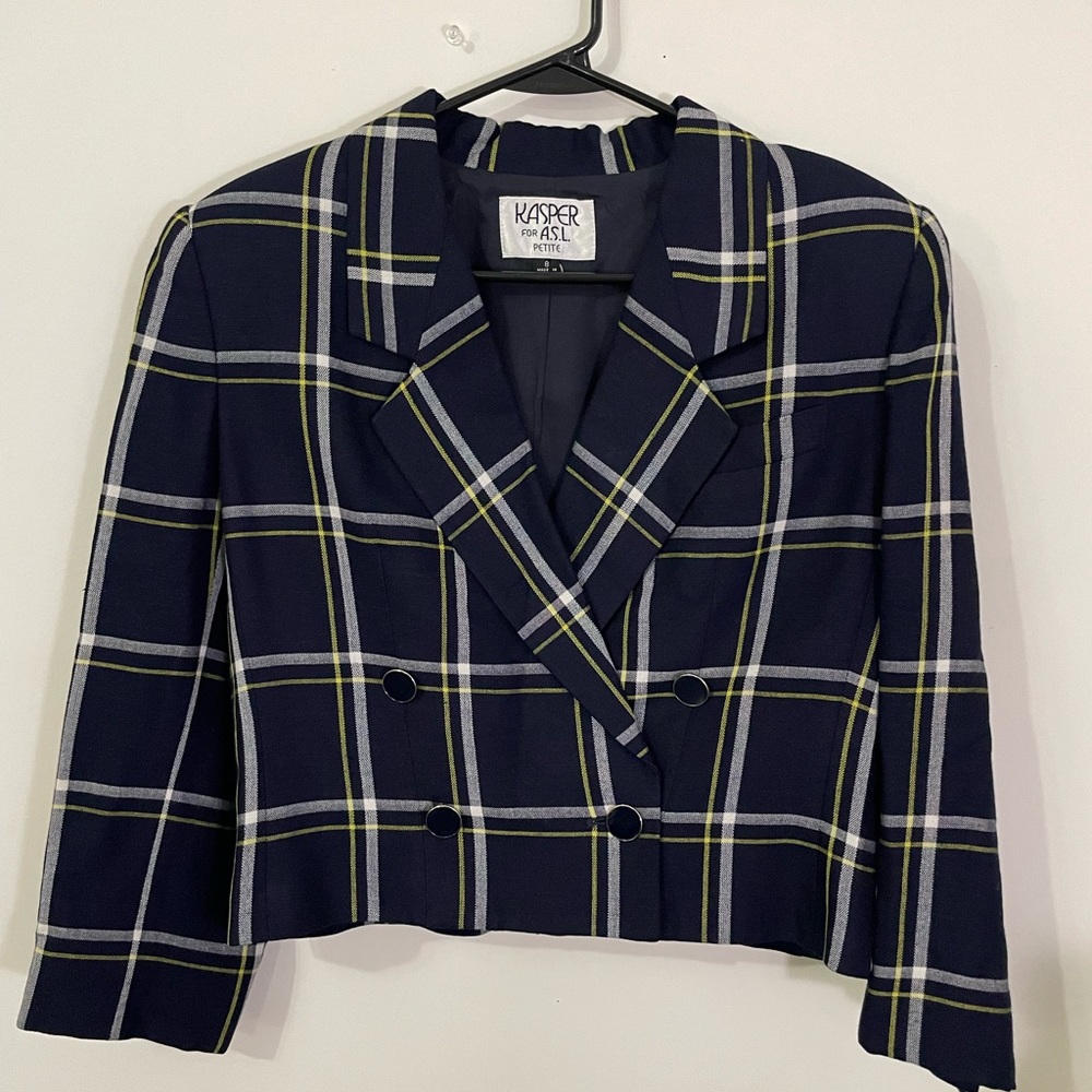 Kasper ASL Blue and Yellow Plaid Cropped Blazer Jacket, Women’s Size 8 Petite